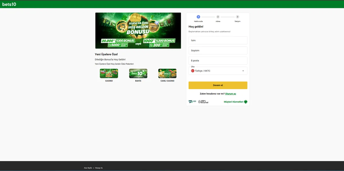 Bets10 üyelik formu isim soyisim e-posta ve ülke alanlarıyla hesap açma adımı